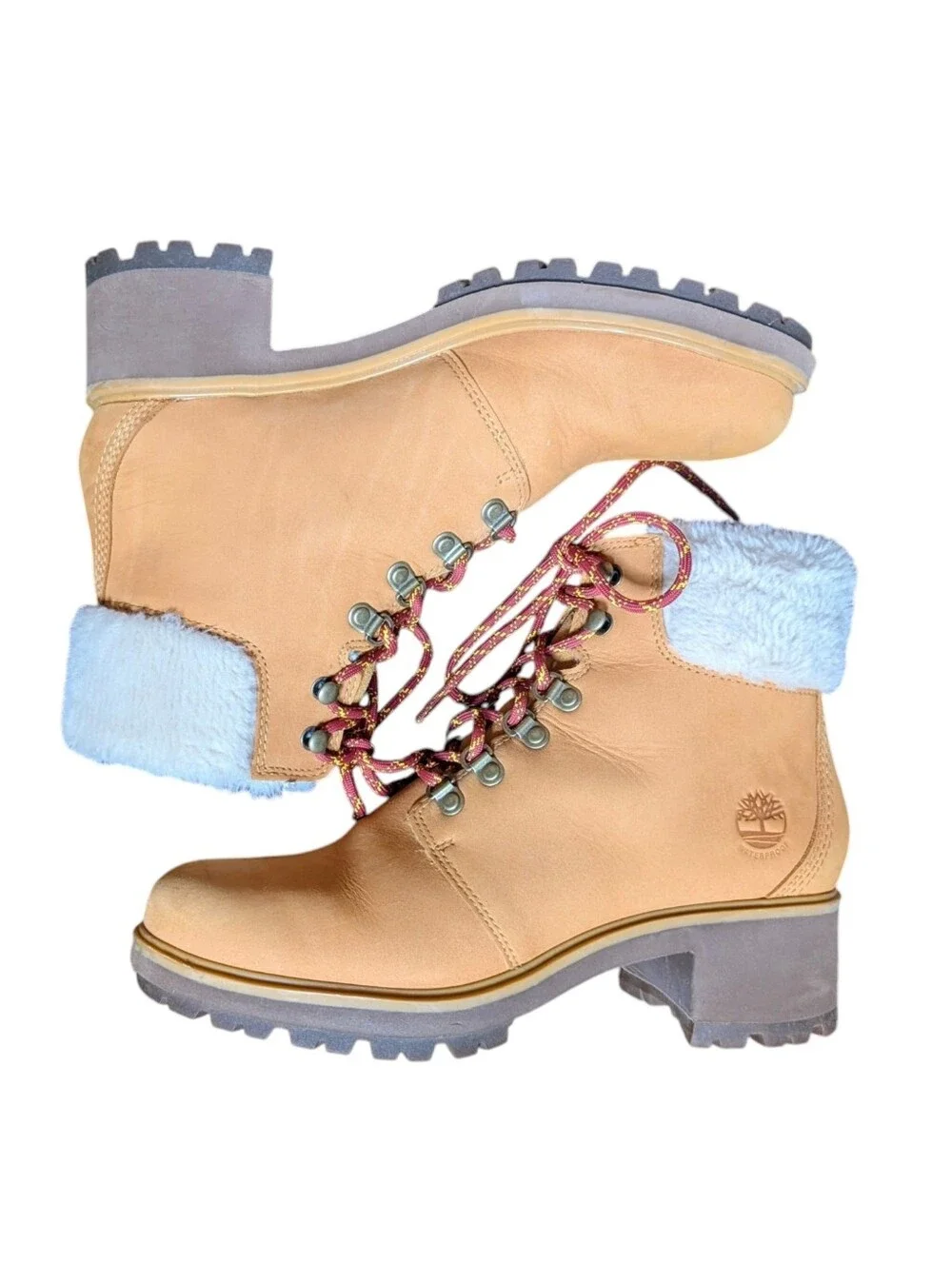 Timberland Kinsley Leather Wheat Tan Lace-Up Ankle Boots With Faux Fur Collar
